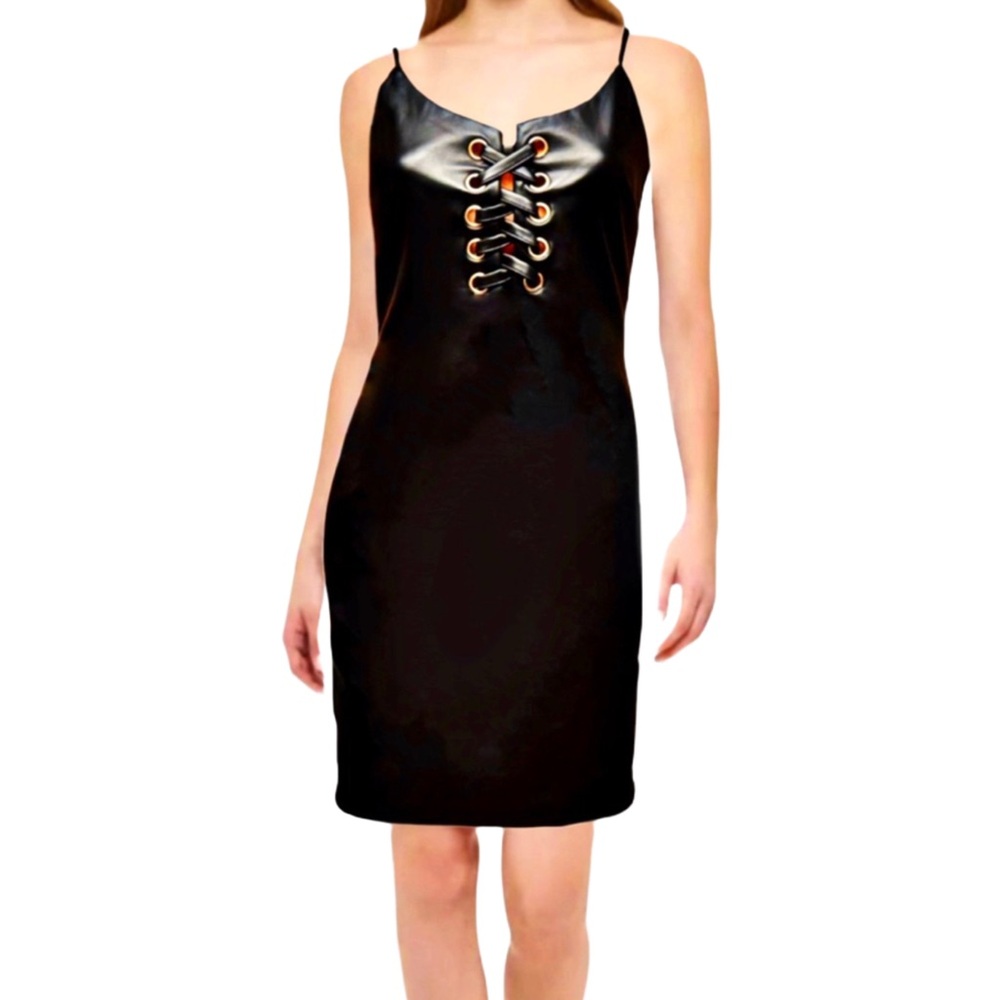 Iris Brand Sexy Black Faux Leather Strappy Lace-Up Chest Mini Bodycon Dress Sz M